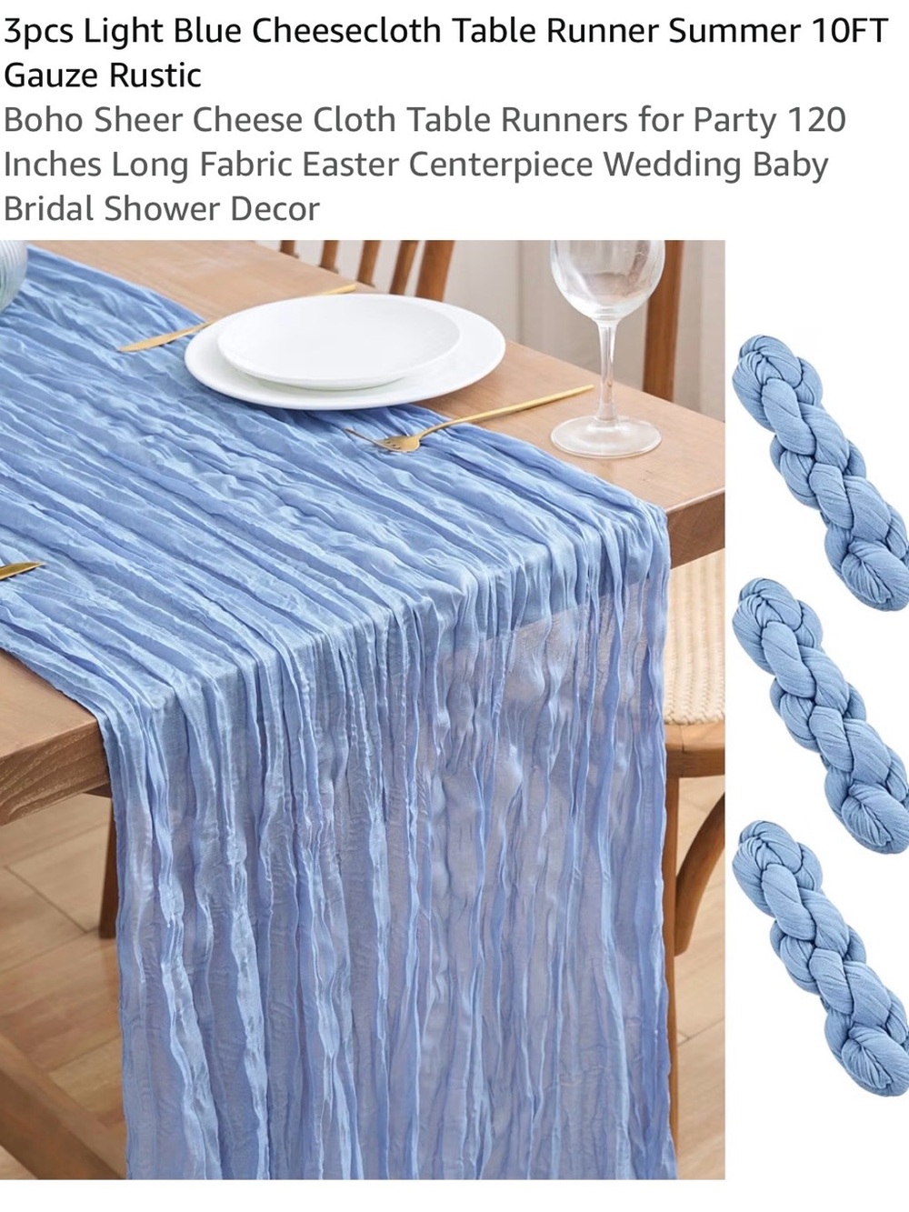 2 pieces (stock photo shows 3) Light Blue Gauze Cheesecloth Table Runner